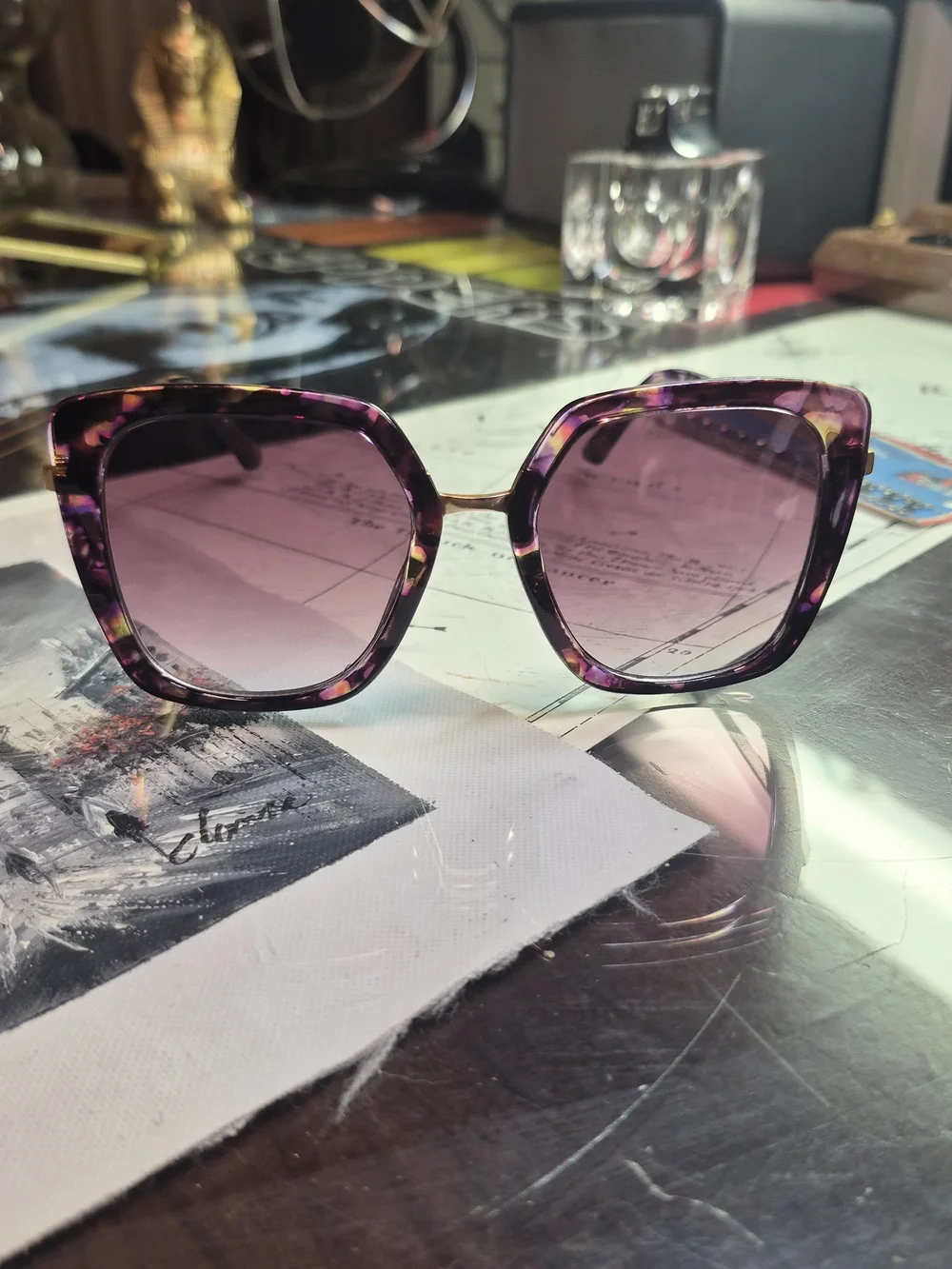 Oscar de la Renta Purple Tortoiseshell Oversized Square Sunglasses
